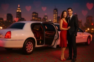 Valentine’s Day Limo with romantic couple posing beside white stretch limousine under city lights and rose petals