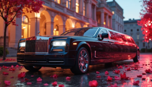 A glossy black Rolls-Royce stretch limousine is parked on a softly lit city street at twilight, surrounded by scattered red rose petals on the wet pavement. Ornate arches of a grand building glow warmly in the background, creating a romantic and luxurious ambiance.