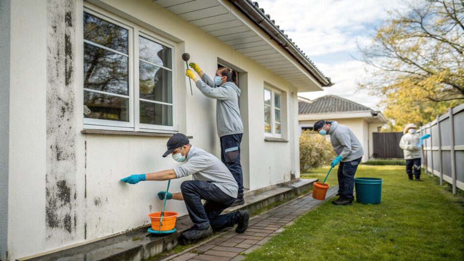 men cleaning black mold from house