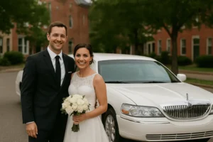 Bride and groom standing beside a white limousine — affordable wedding limo service in Washington DC.