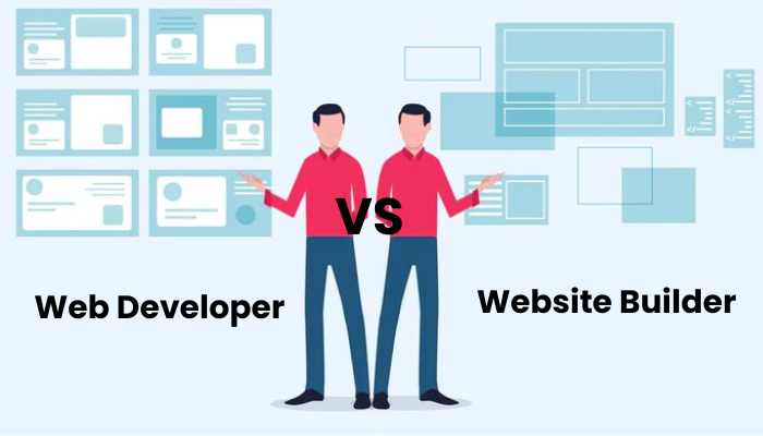 Illustration comparing a web developer and a website builder with interface elements and the word "VS" between them.