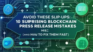 Text graphic displaying "Avoid These Slip-Ups: 10 Surprising Blockchain Press Release Mistakes (And How to Fix Them Fast)" over a futuristic digital circuit background with blockchain and crypto-themed icons.