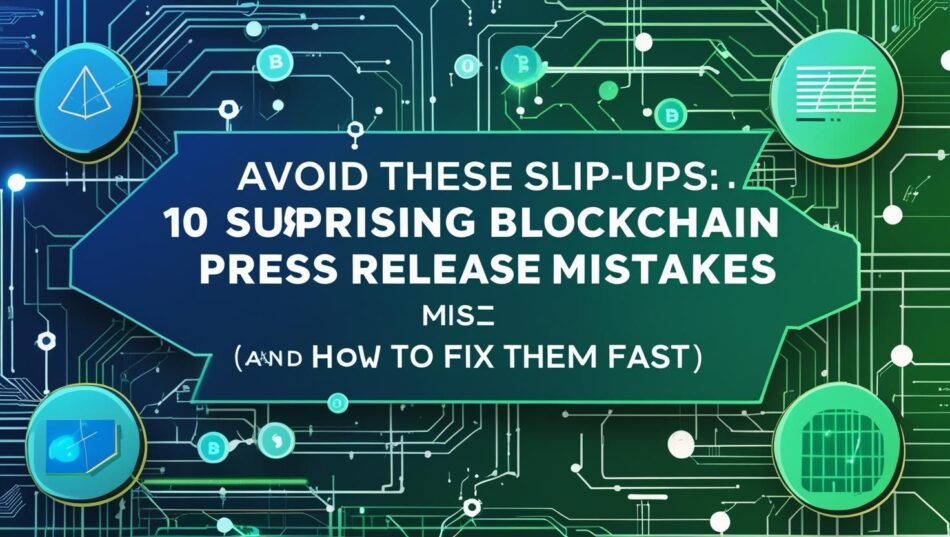 Text graphic displaying "Avoid These Slip-Ups: 10 Surprising Blockchain Press Release Mistakes (And How to Fix Them Fast)" over a futuristic digital circuit background with blockchain and crypto-themed icons.
