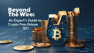 Stacked Bitcoin coins with a futuristic digital Bitcoin emblem and the text “Beyond The Wire: An Expert’s Guide to Crypto Press Release SEO” on a dark tech-themed background.
