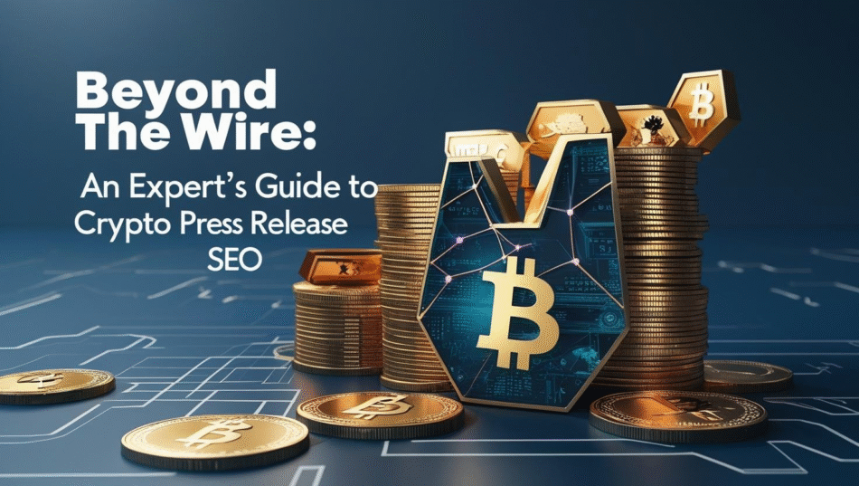Stacked Bitcoin coins with a futuristic digital Bitcoin emblem and the text “Beyond The Wire: An Expert’s Guide to Crypto Press Release SEO” on a dark tech-themed background.