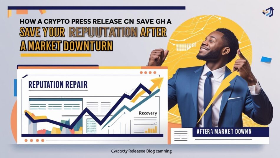 Businessman celebrating recovery with text overlay showing how a crypto press release can help save reputation after a market downturn.