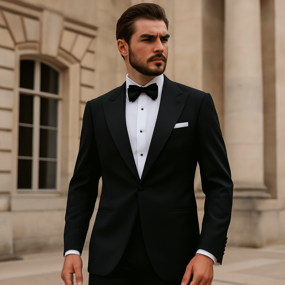 A well-tailored tuxedo showcasing expert tuxedo tailoring for a refined, sophisticated look in Dubai.