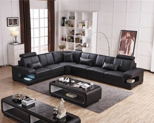 Luxury black leather L-shaped sofa in modern living room – Sofa Upholstery Dubai