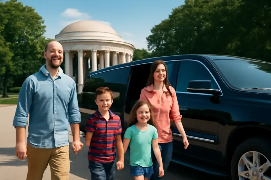 Top family-friendly limo tours in Washington, D.C., featuring a joyful family arriving at iconic landmarks.