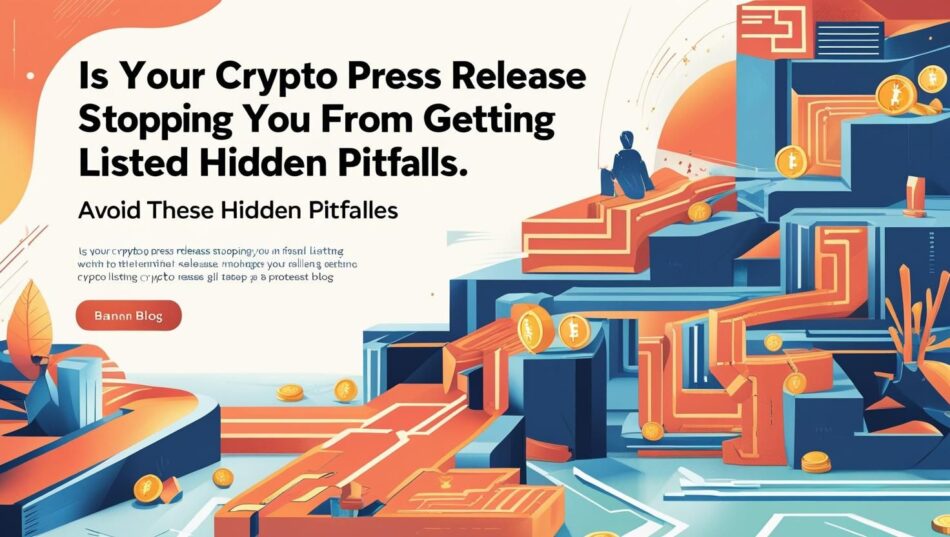 Illustration of a person navigating a complex, futuristic pathway filled with digital circuits and floating cryptocurrency coins. The scene features bold headline text: "Is Your Crypto Press Release Stopping You From Getting Listed – Hidden Pitfalls," emphasizing hidden challenges in crypto PR.