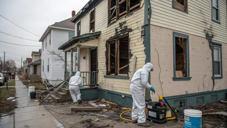 Two workers in white protective suits, gloves, and masks perform cleanup outside a two-story house with severe fire damage, charred siding, and broken windows, using restoration equipment and buckets on a wet sidewalk.