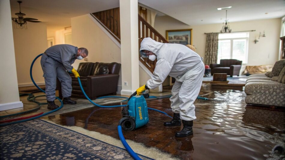 Two restoration workers wearing protective suits, gloves, boots, and face masks use hoses and a water extraction machine to remove standing water from a flooded living room with wooden floors, rugs, and furniture.