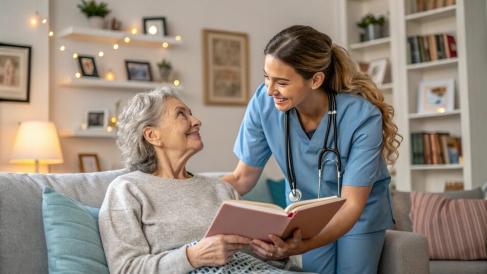 Smiling nurse in blue scrubs with a stethoscope talking to an elderly woman holding a book while sitting on a couch at home.