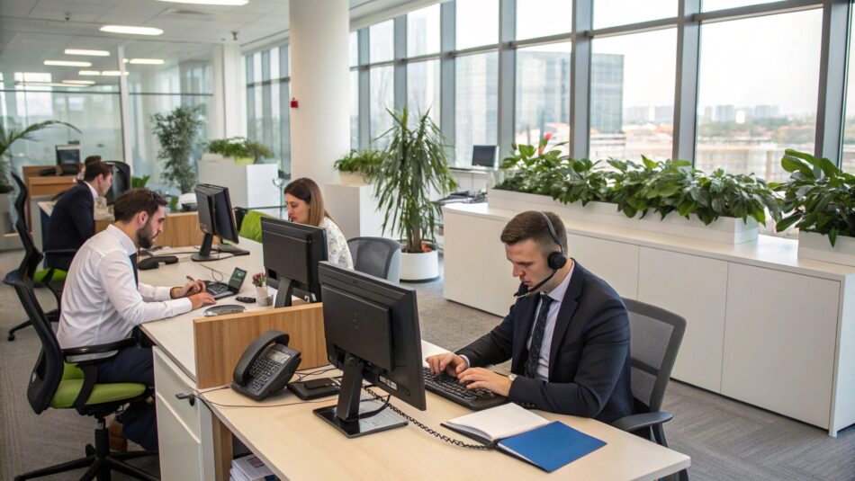 Modern open-plan office with several employees working at desks, including a man wearing a headset typing at a computer and others focused on their screens. Large windows provide natural light, and green plants line the workspace for a fresh, professional atmosphere.