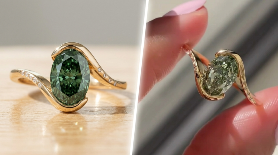Oval lab grown green diamond ring with curved gold band and small accent diamonds displayed in close-up view.