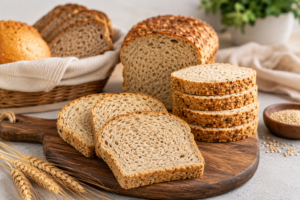 Sliced low-carb sourdough bread on a wooden board.