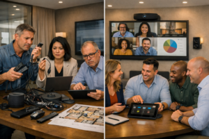 Create a realistic horizontal image inside a modern corporate meeting room. Show two sides of the same workspace. On the left side, a team struggles with multiple remote controls, tangled cables, separate speakers, monitors, and disconnected devices while looking confused. On the right side, a professional team comfortably manages displays, speakers, video conferencing equipment, and presentation screens from a single touchscreen control panel. Include real business professionals interacting naturally, discussing technology solutions, and collaborating during a meeting. Use modern office interiors, realistic lighting, premium technology equipment, clean organization, authentic human expressions, and a professional business atmosphere. Make the scene highly detailed, engaging, realistic, and human-focused with a strong visual comparison concept. No text, no logos, no watermarks.