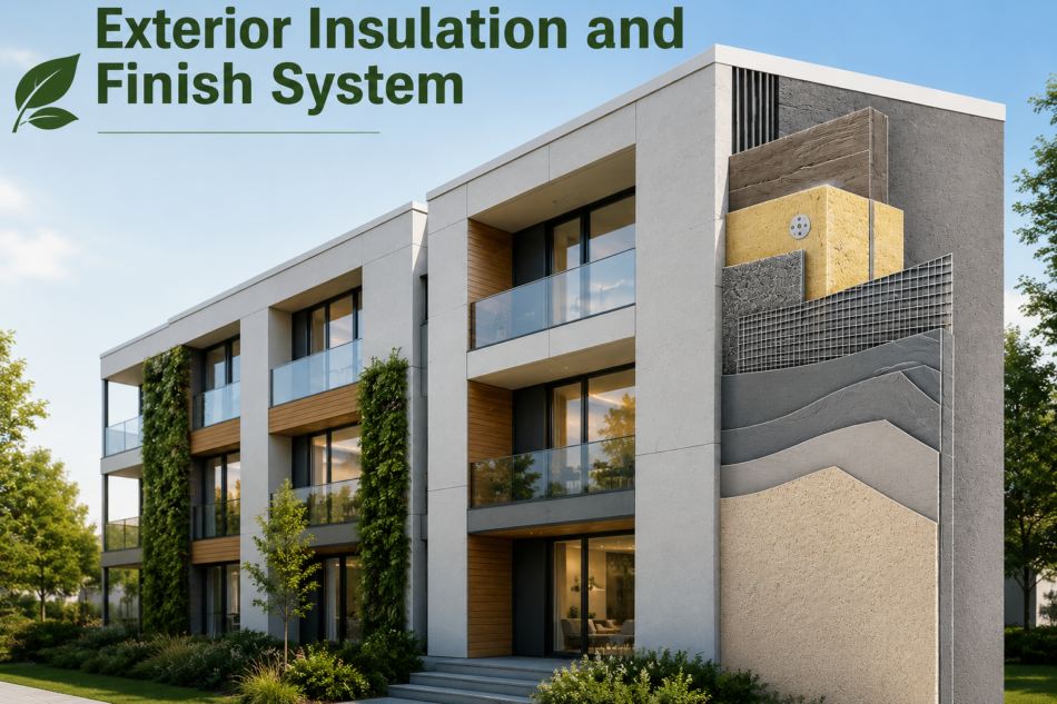 Exterior Insulation and Finish Systems (EIFS) on a modern sustainable building, showcasing advanced wall insulation, energy-efficient construction materials, and eco-friendly architectural design for improved thermal performance and green building development.