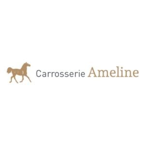 Carrosserie Ameline logo featuring a golden horse silhouette with the brand name, specializing in premium horse trucks and equine transport solutions.