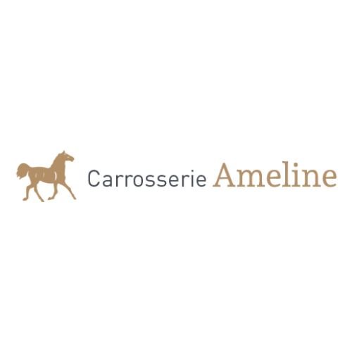 Carrosserie Ameline logo featuring a golden horse silhouette with the brand name, specializing in premium horse trucks and equine transport solutions.