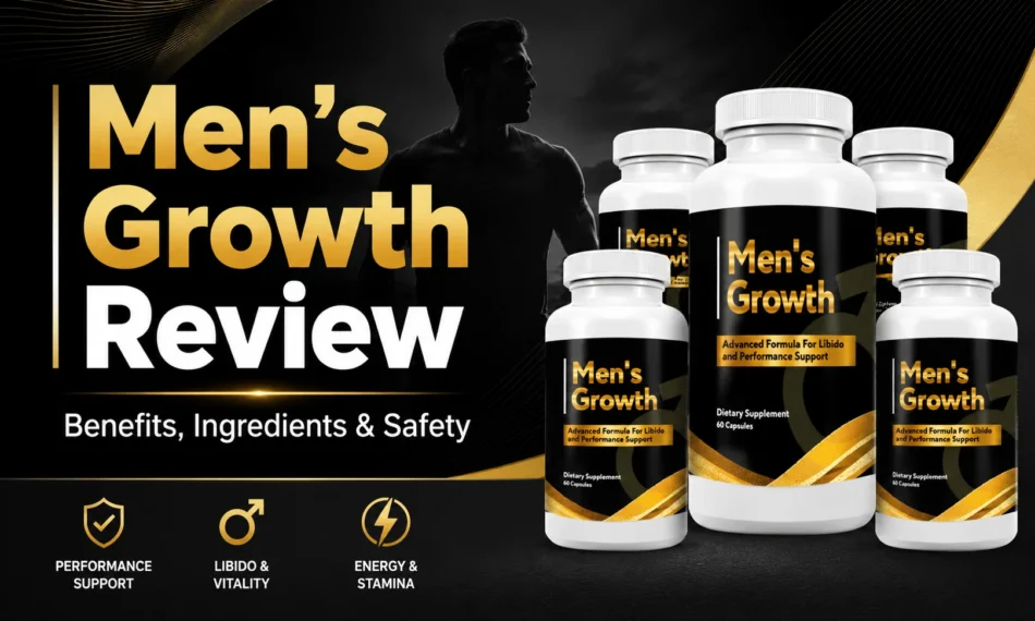 Men’s Growth review featured image showing supplement bottles with benefits, ingredients, safety, performance, vitality, energy, and stamina highlights.