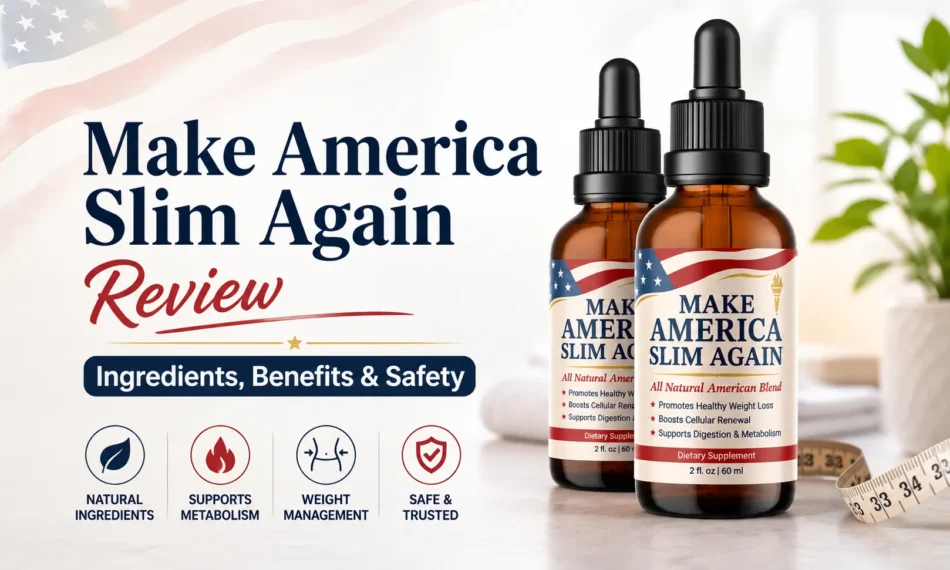 Make America Slim Again review featuring two supplement dropper bottles with ingredients, benefits, safety, metabolism support, and weight-management icons.