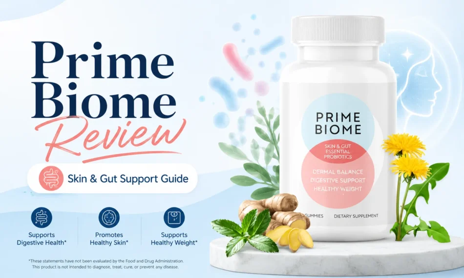 Prime Biome review featured image showing the probiotic supplement bottle with botanical ingredients and skin and gut support graphics.