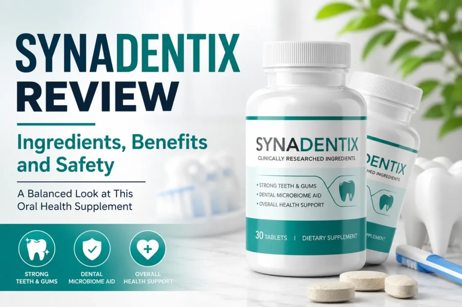 Synadentix Review featured image showing two supplement bottles, tablets, a toothbrush and oral health support icons.