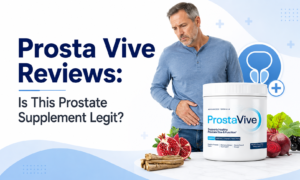 Worried middle-aged man holding his lower abdomen beside a ProstaVive supplement container in a prostate health review featured image.