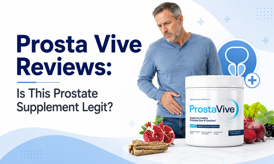 Worried middle-aged man holding his lower abdomen beside a ProstaVive supplement container in a prostate health review featured image.