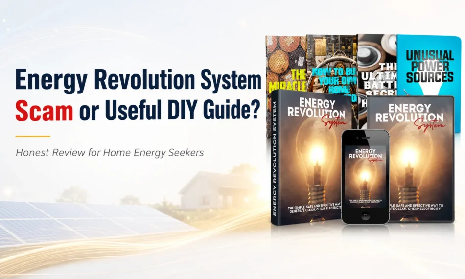 Energy Revolution System review featured image showing the digital guide bundle beside the text “Scam or Useful DIY Guide?” with a home energy background.