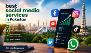 Best Social Media Services in Pakistan promotional banner featuring social media icons, a smartphone with growth analytics, and the domain viralforyou.pk.