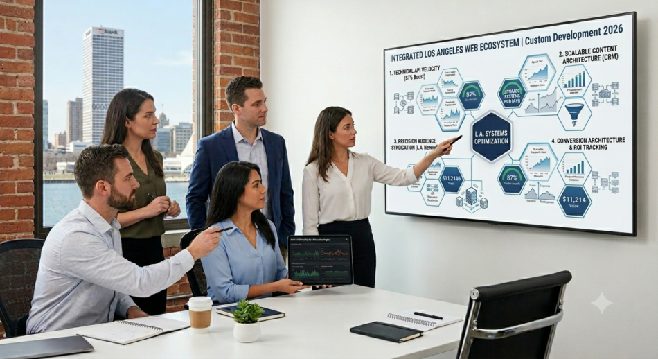 Web development team analyzing custom web development in Los Angeles and technical integration metrics on an office presentation screen.