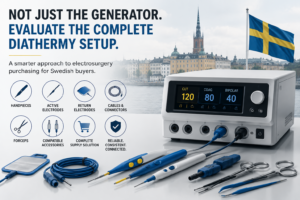 Diathermy machine Sweden with electrosurgical handpieces, electrodes, cables, return electrodes and forceps