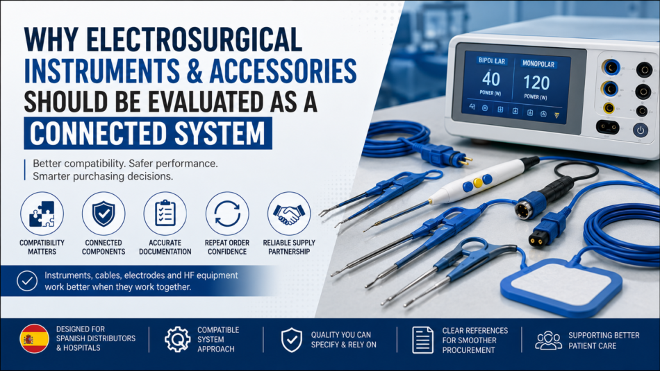 Electrosurgical instruments Spain with bipolar forceps, cables, monopolar electrodes and HF accessories evaluated as one connected system