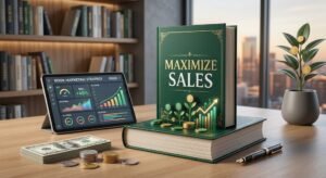 A green book with Maximize Sales written on it sitting on a desk with a marketing analytics tablet, money stacks, and growth charts