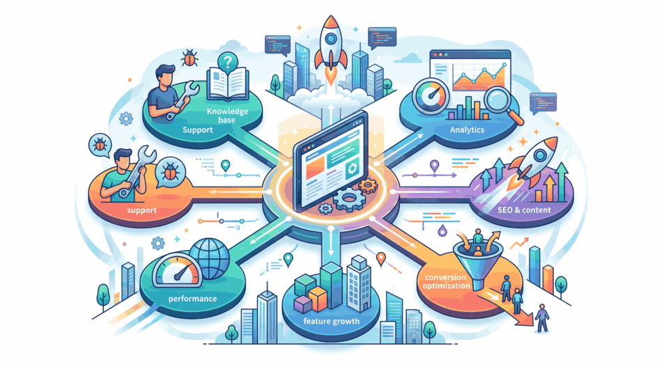 A circular infographic illustrating an integrated digital product ecosystem centered around a tablet, with connected nodes for knowledge base, support, analytics, SEO & content, conversion optimization, feature growth, and performance.