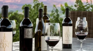 John Anthony wine bottles and glasses of red wine on an outdoor table with vineyard hills in the background