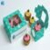 Turquoise custom cupcake boxes with clear windows displaying pink and yellow frosted cupcakes.