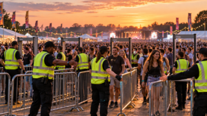 Security staff in hi-vis vests guide festival crowds through entry gates at sunset