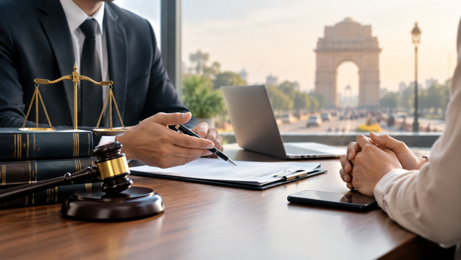 Lawyer in Delhi discussing legal documents with a client during a professional consultation