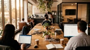 Open-plan modern coworking office space in Brisbane featuring warm lighting, timber desks, and natural foliage