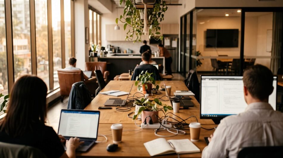 Open-plan modern coworking office space in Brisbane featuring warm lighting, timber desks, and natural foliage